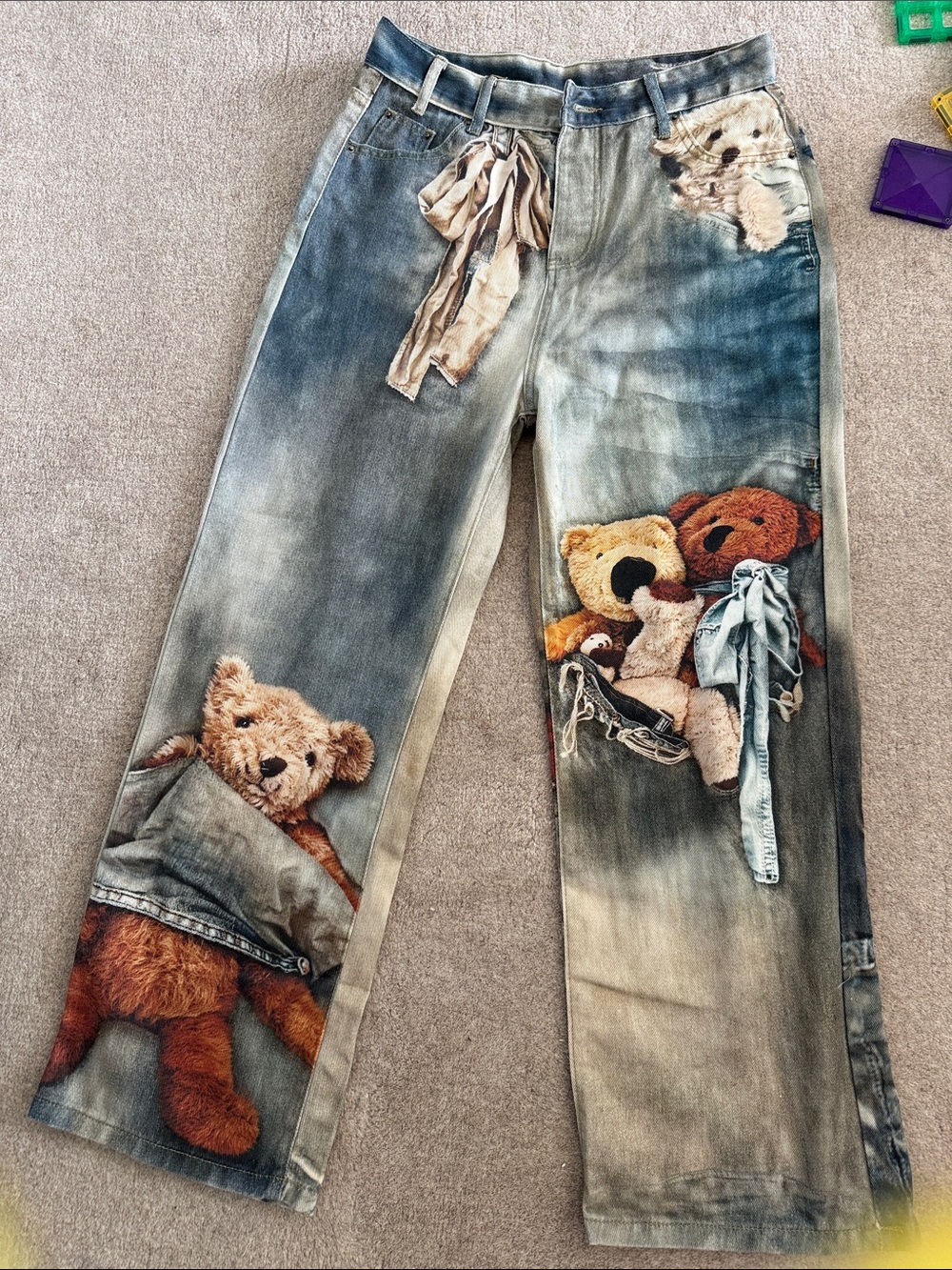 Denim Pants with Teddy Bear Print